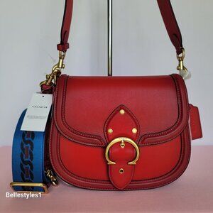 COACH Beat Saddle Glovetanned Leather Bag with Webbing Strap-Candy Apple ⭐